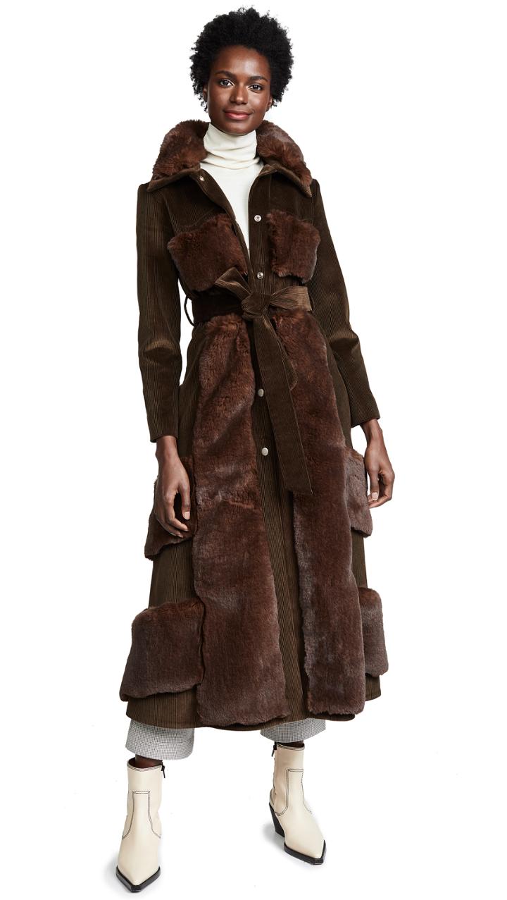 A W A K E Faux Fur And Corduroy Belted Coat
