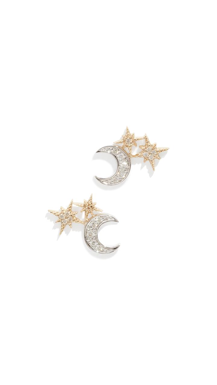 Sydney Evan 14k Pave Moon Double Stud Earrings