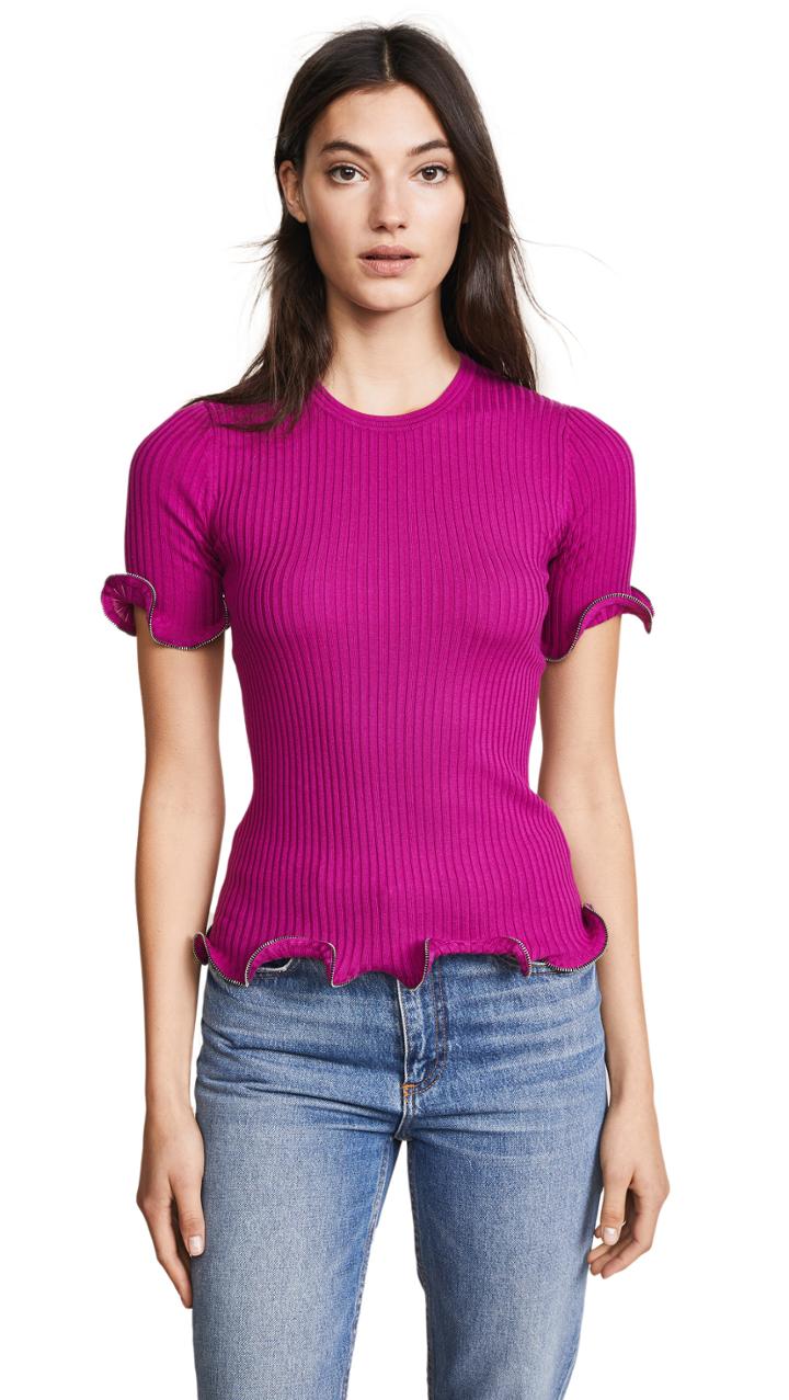 Alexander Wang Crew Neck Tee With Ruffle Zipper Hem