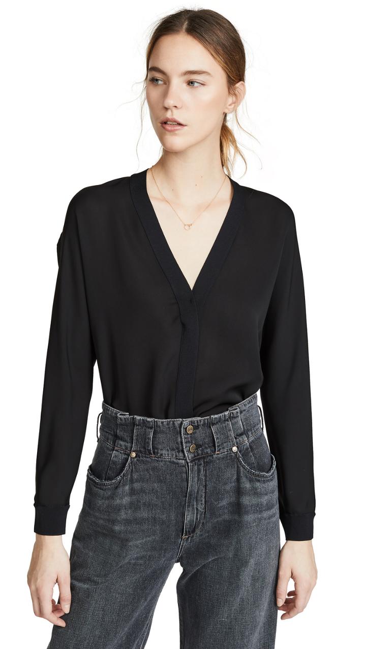 Vince Rib Trim Silk V Neck Top