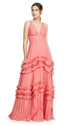 Halston Heritage Sleeveless V Neck Gown With Smocked Ruffle Inserts