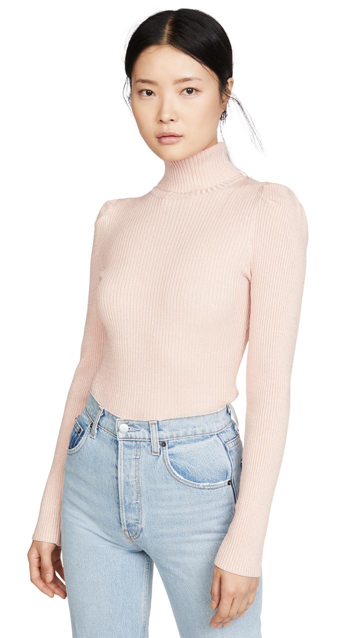 525 America Metallic Rib Puff Sleeve Sweater