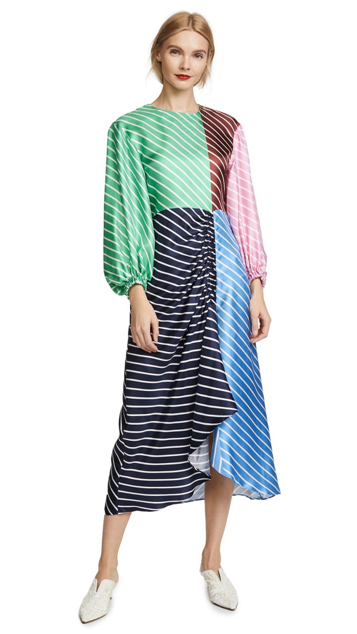 Tibi Delphina Stripe Shirred Long Dress