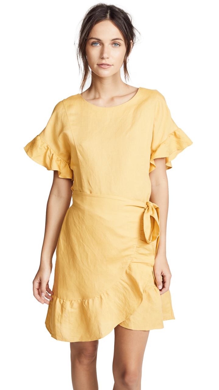 Astr The Label Linen Ruffle Wrap Dress