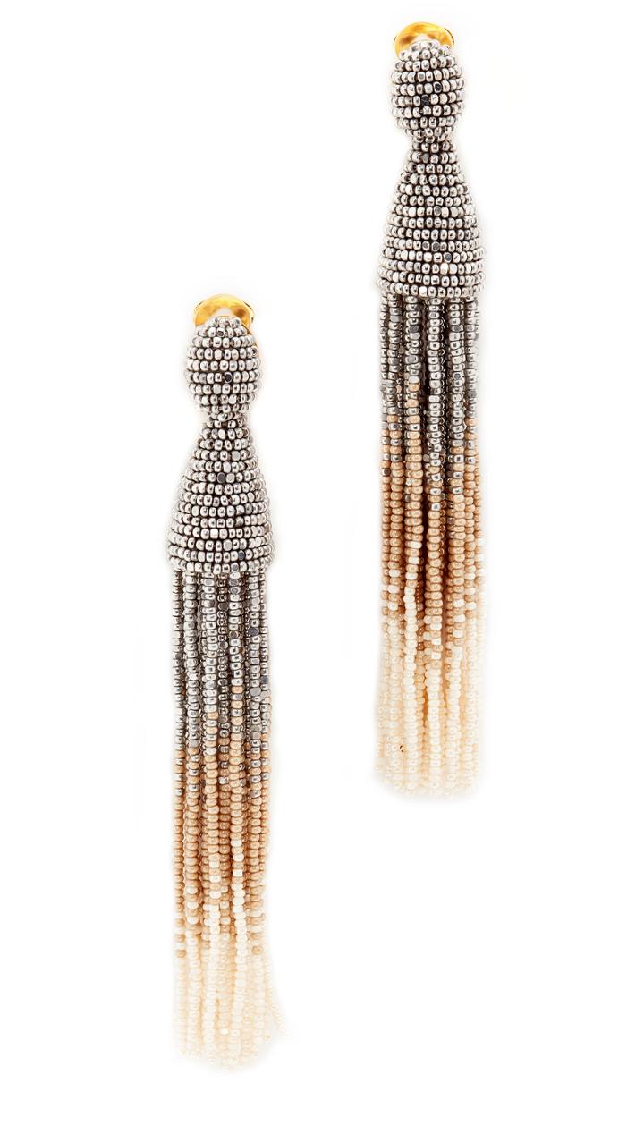 Oscar De La Renta Long Ombre Beaded Tassel Clip On Earrings
