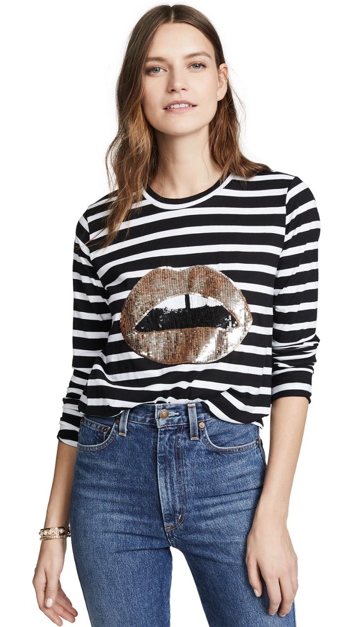 Markus Lupfer Sophie Gold Sequin Lip Stripe Tee