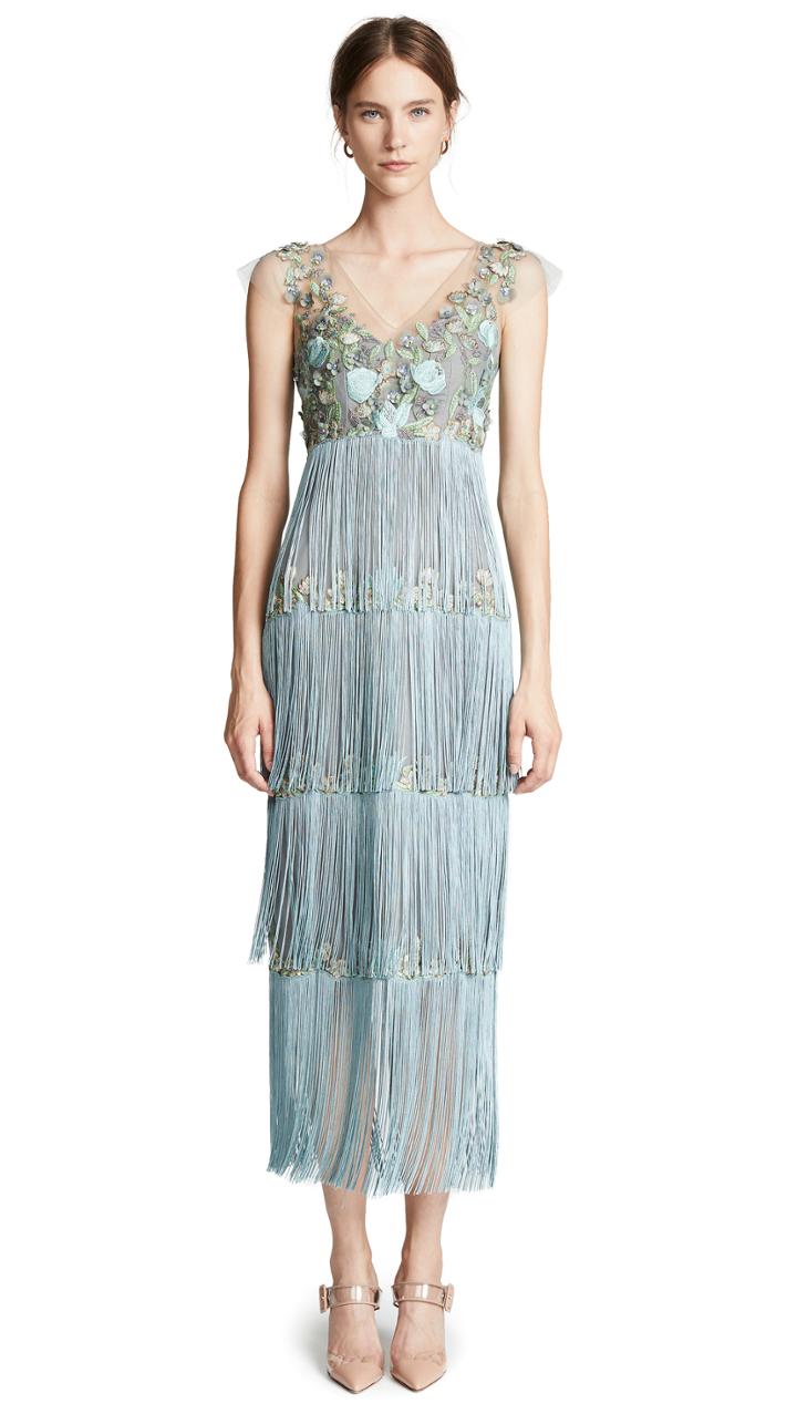 Marchesa Notte Tiered V Neck Gown