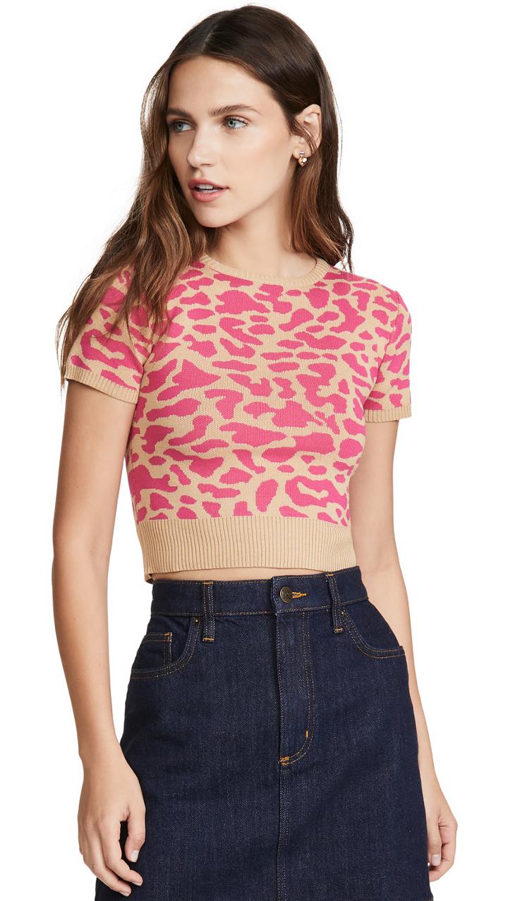 J O A Leopard Short Sleeve Sweater