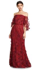 Marchesa Notte Ots Flutter Sleeve Embroidered Gown