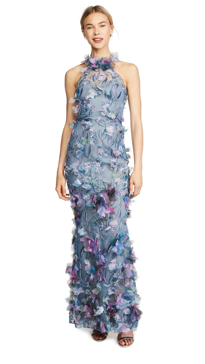 Marchesa Notte Printed 3d Floral Halter Gown