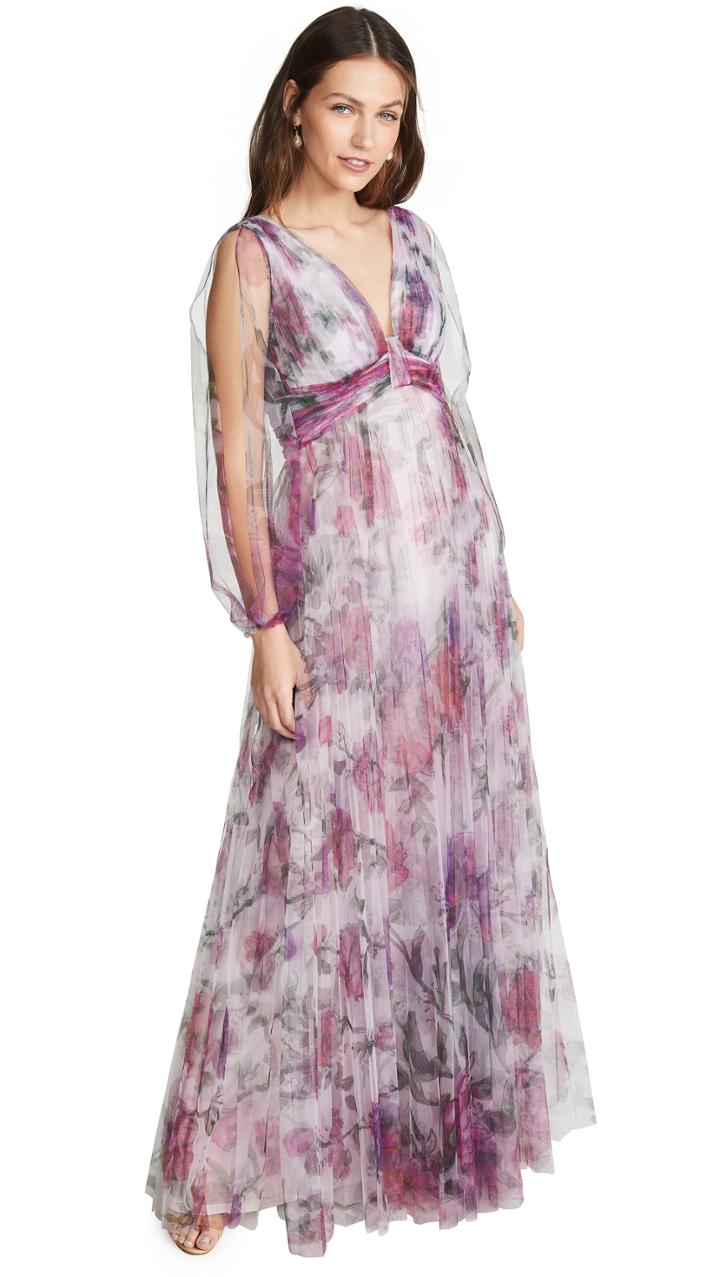 Marchesa Notte Bishop Sleeve Pleated Floral Gown