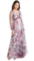Marchesa Notte Bishop Sleeve Pleated Floral Gown