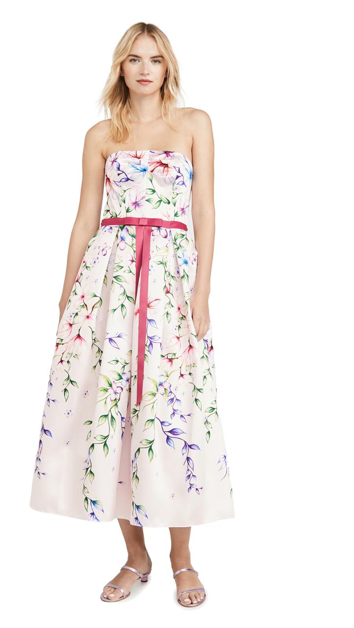 Marchesa Notte Strapless Printed Mikado Corseted Gown