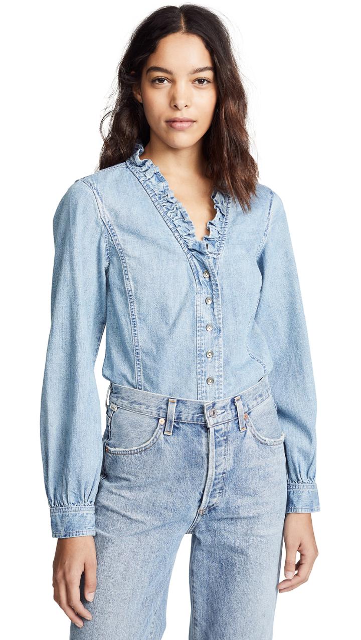 La Vie Rebecca Taylor Long Sleeve Denim Ruffle Top