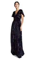 Marchesa Notte Flutter Sleeve V Neck Velvet Burnout Gown