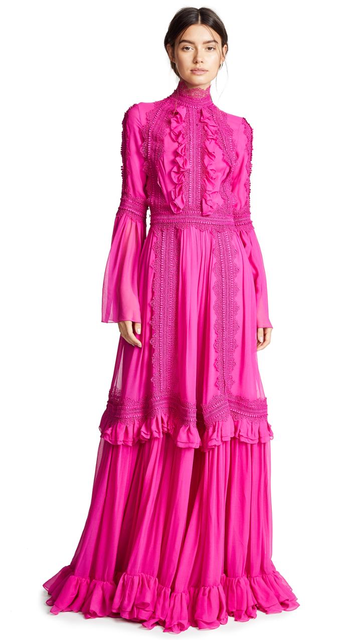 Costarellos Ruffle Neck Tiered Dress With Bell Sleeves