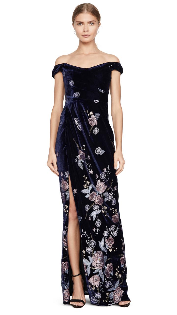 Marchesa Notte Off The Shoulder Velvet Embroidered Gown