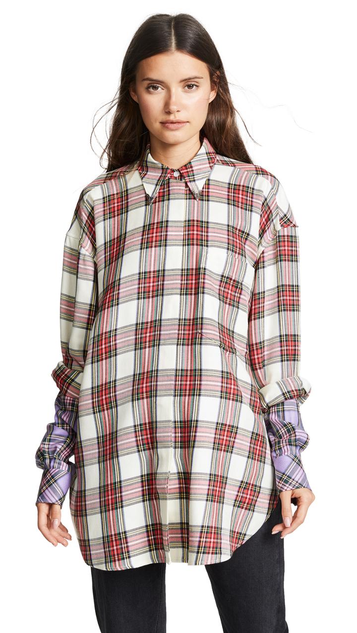 Pushbutton Plaid Contrast Sleeve Button Down Shirt