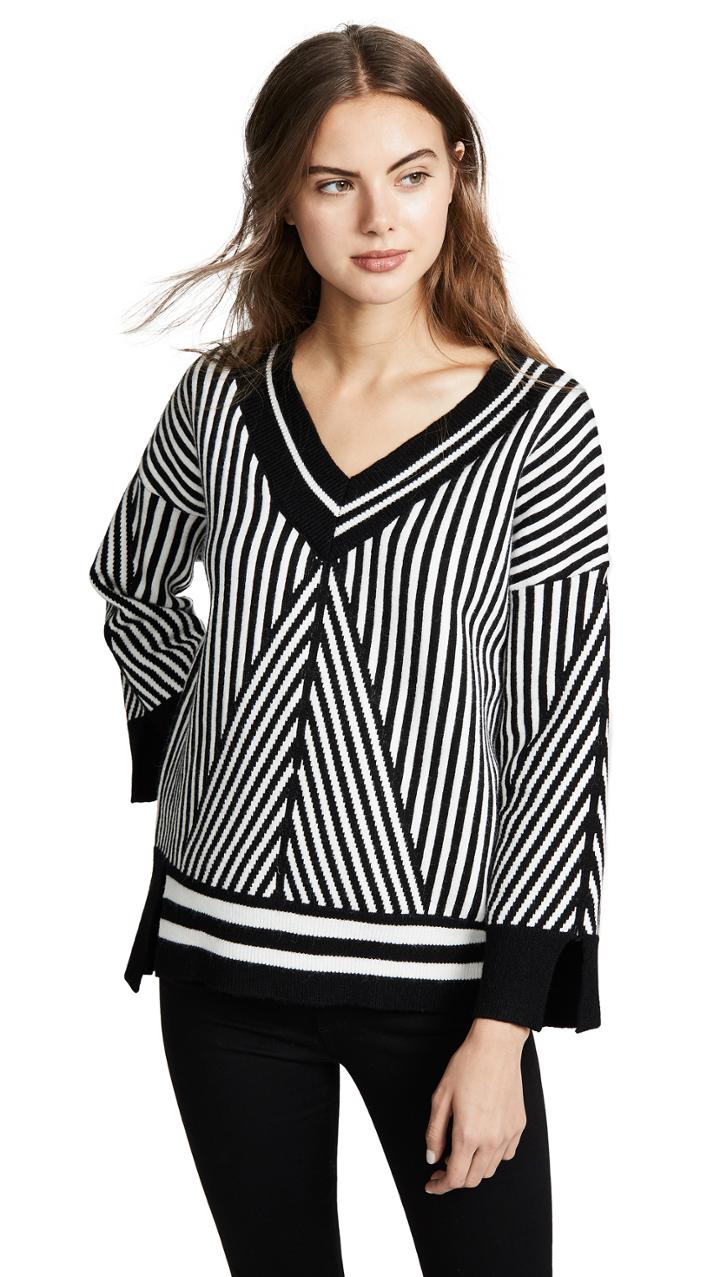 Moon River Striped V Neck Sweater