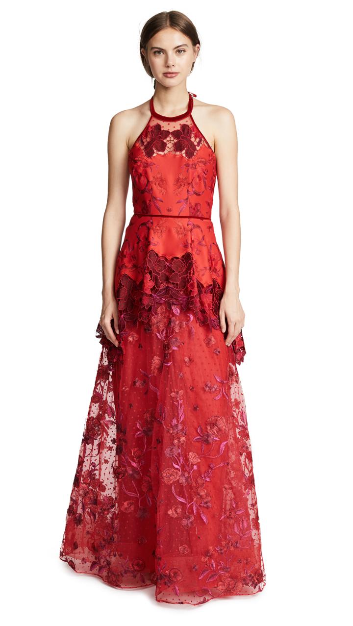 Marchesa Notte Halter Embroidered Gown