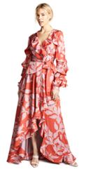 Patbo Leaf Print Ruffle Sleeve Maxi Wrap Dress