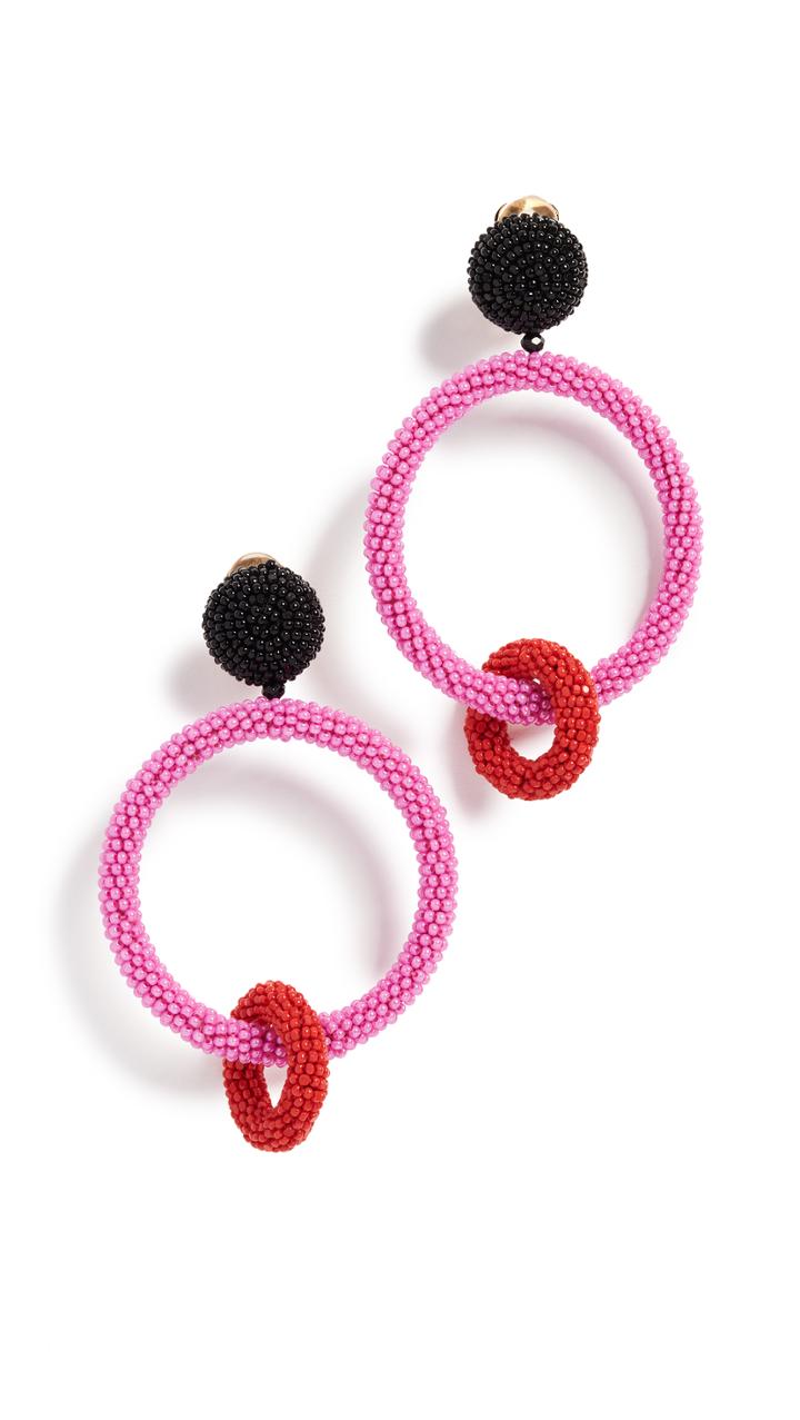 Oscar De La Renta Two Tone Beaded Double Hoop Clip On Earrings