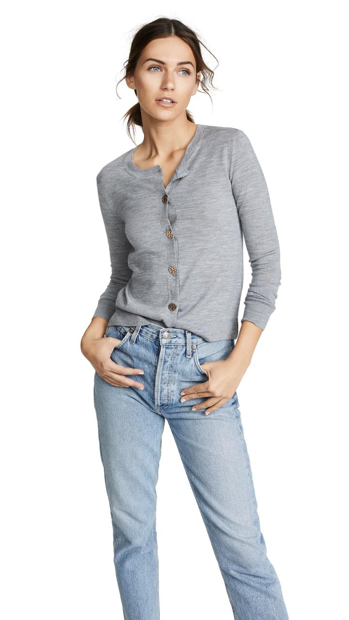 Tory Burch Merino Logo Button Crew Neck Cardigan