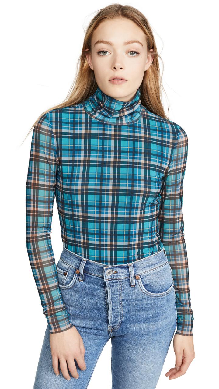 La Vie Rebecca Taylor Long Sleeve Plaid Mesh Jersey Top