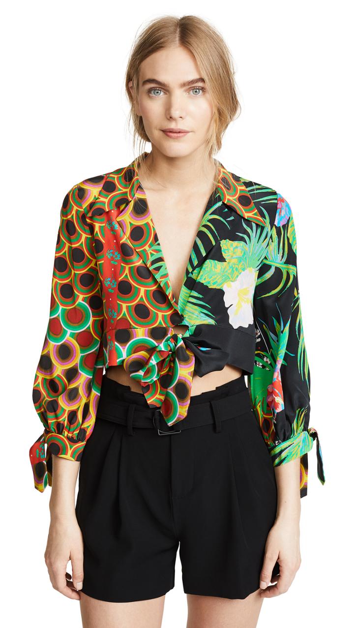 Cynthia Rowley Praia Cropped Printed Tie Sleeve Top