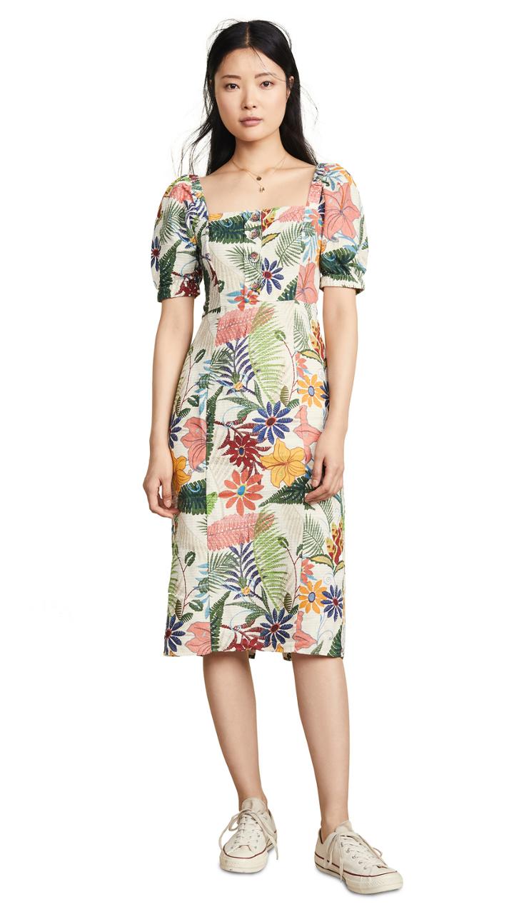 Farm Rio Vintage Garden Midi Puffed Sleeve Dress