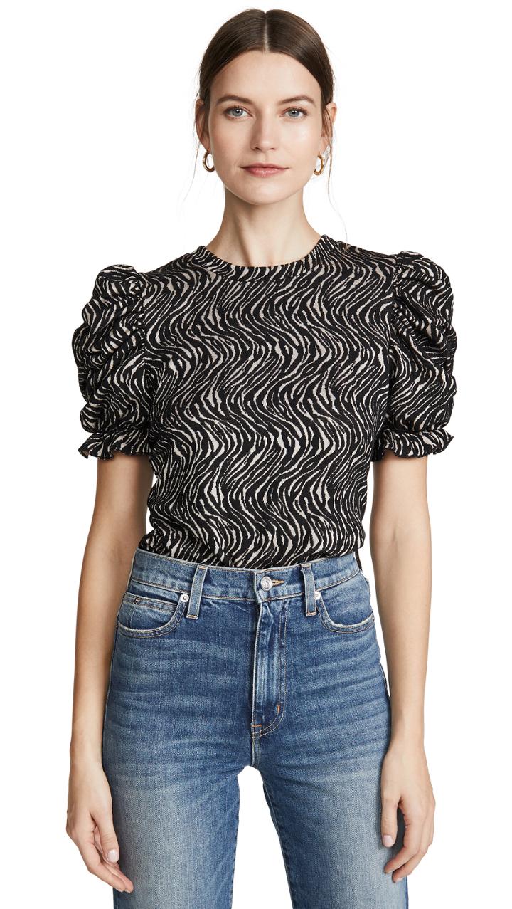Moon River Zebra Ruched Sleeve Top