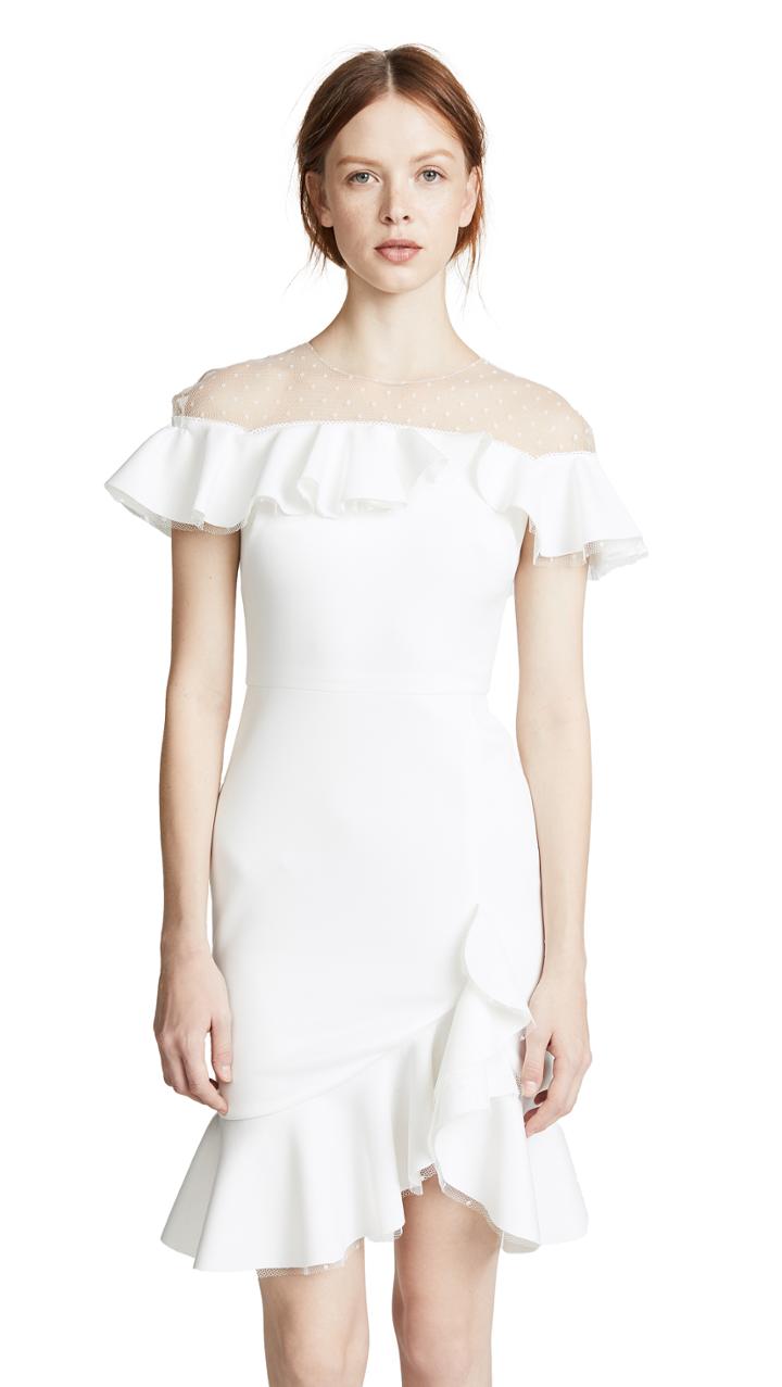 Marchesa Notte Neoprene Cocktail Dress With Point D Esprit Yoke Ruffles