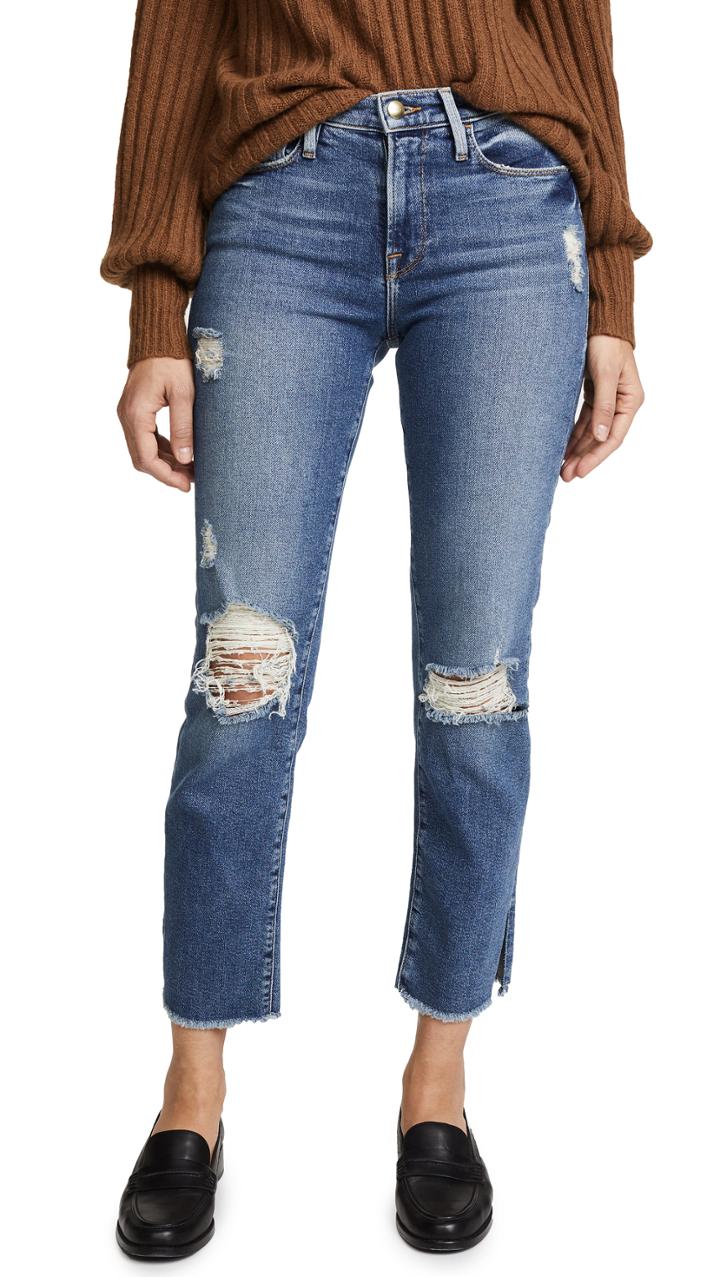 Frame Le Nouveau Straight Jeans With Raw Edge Slit