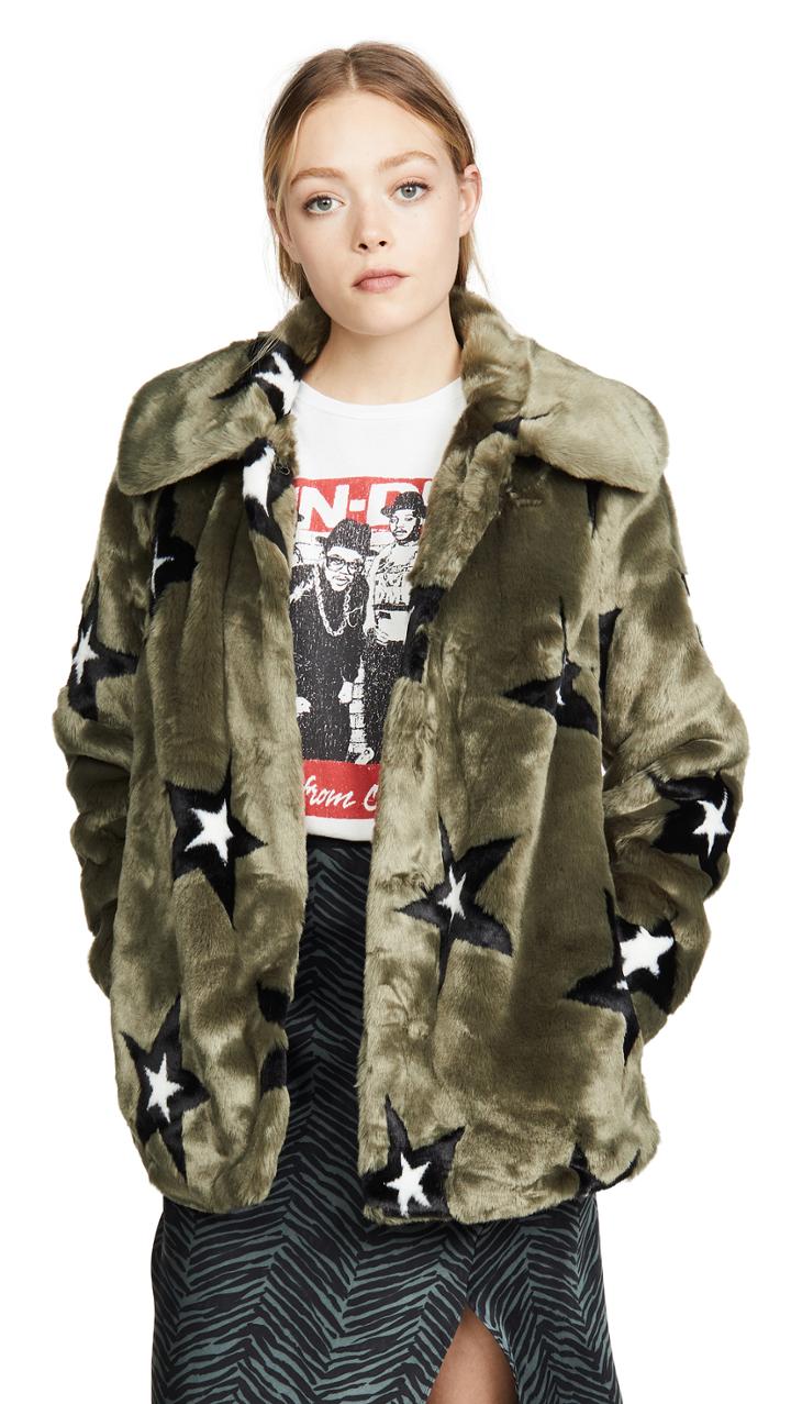 Avec Les Filles Star Print Faux Fur Swing Coat