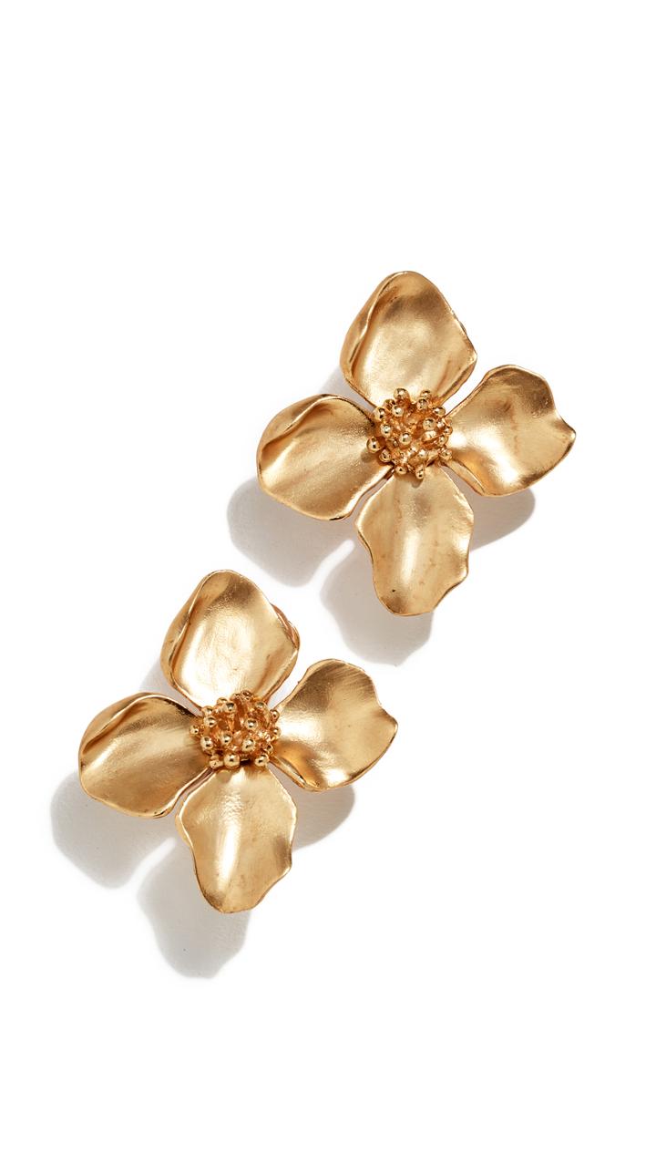 Oscar De La Renta Small Gold Flower Button Earrings