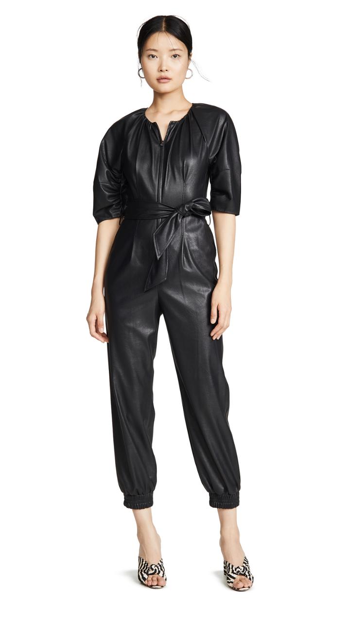 Rebecca Taylor Short Sleeve Vegan Leather Jumpsuit