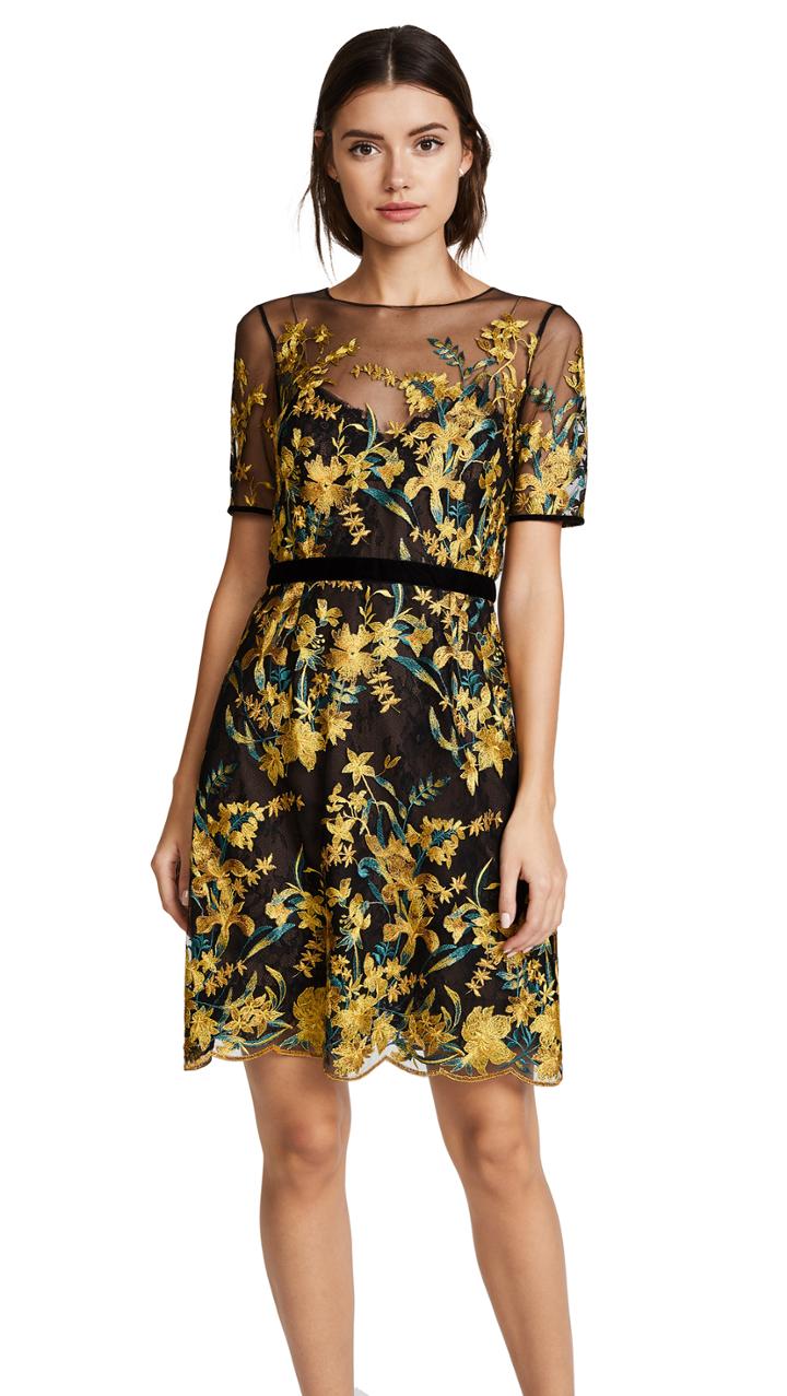 Marchesa Notte Embroidered A Line Cocktail Dress