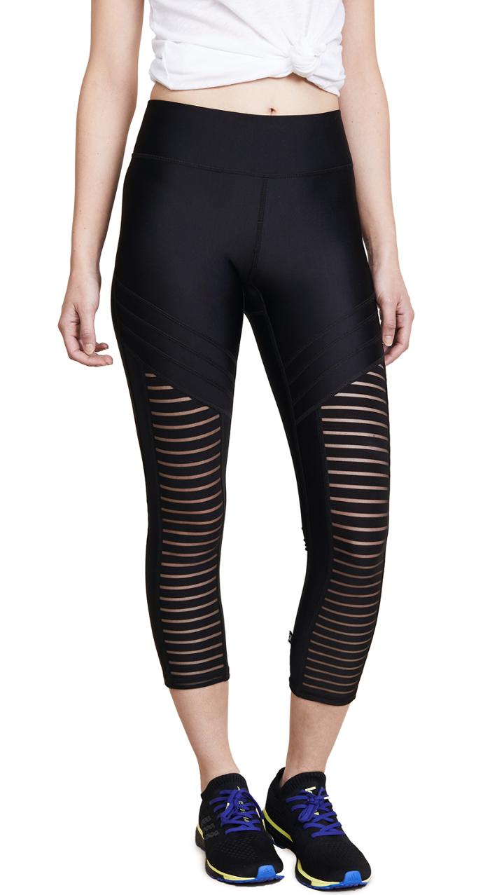 Terez Black Striped Mesh Front Capri Leggings