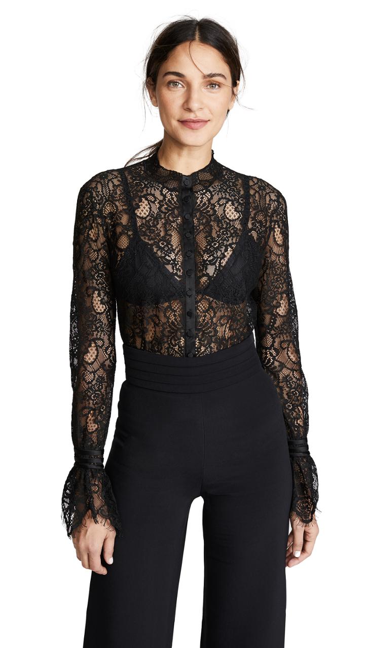 Jonathan Simkhai Mixed Lace Rouched Sleeve Bodysuit