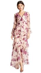 Marchesa Notte Long Sleeve V Neck Flocked Lace Gown