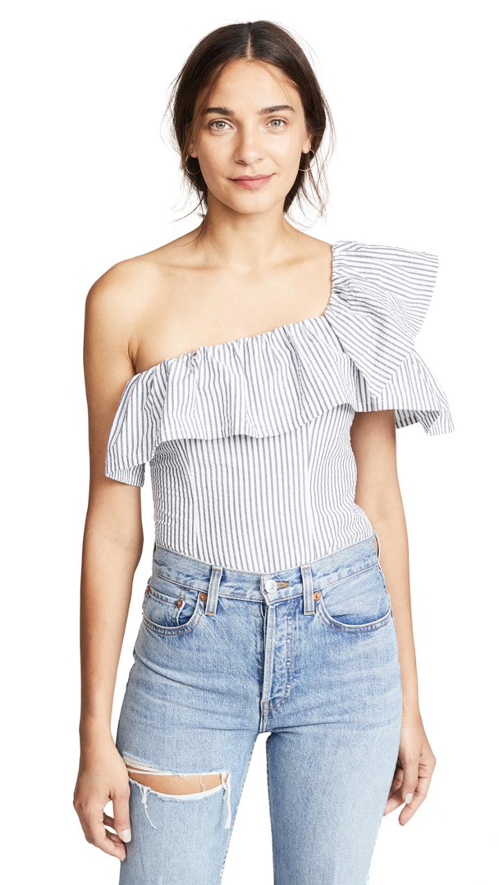 Kendall Kylie Seersucker One Shoulder Bodysuit