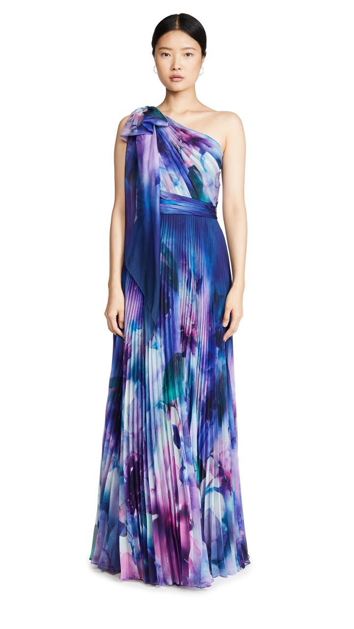 Marchesa Notte One Shoulder Chiffon Pleated Gown