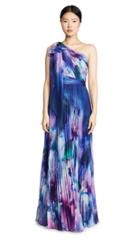 Marchesa Notte One Shoulder Chiffon Pleated Gown