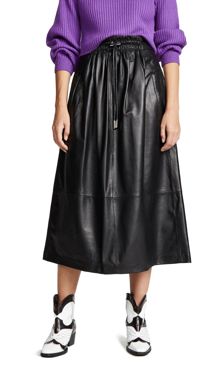 Tibi Drawstring Waist Leather Skirt