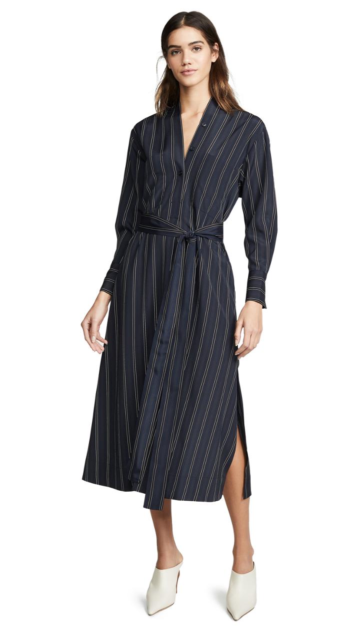 Vince Bold Stripe Belted V Neck Dress