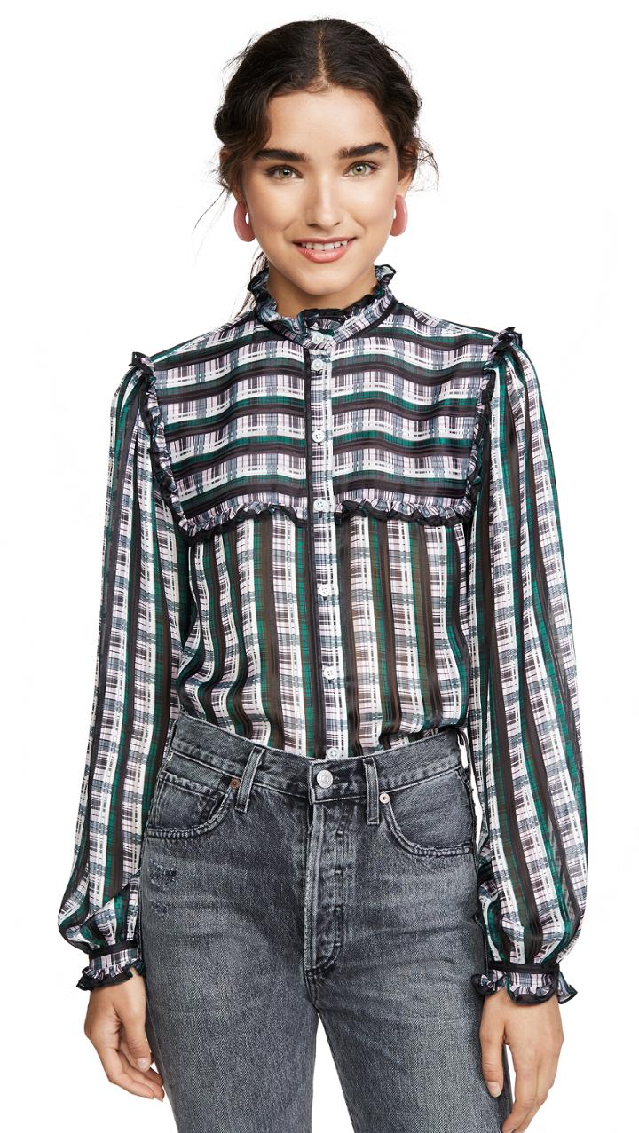 Jason Wu Grey Striped Plaid Ruffle Blouse