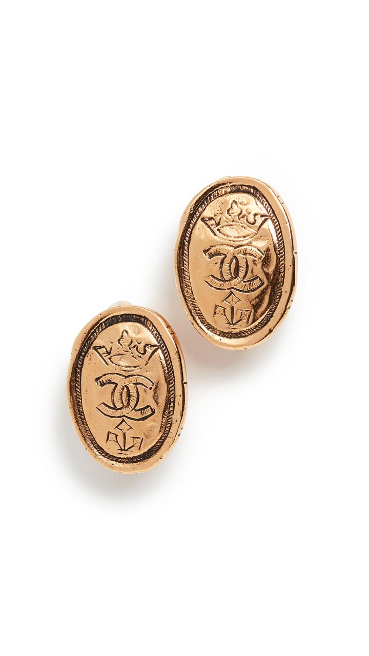 What Goes Around Comes Around Chanel Gold Oval Crown Earrings