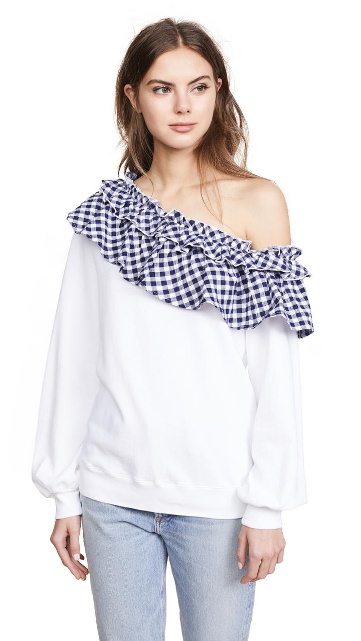 Clu Off Shoulder Gingham Ruffle Sweatshirt