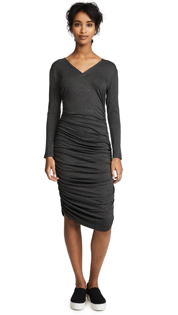 Norma Kamali Long Sleeve V Neck Shirred Dress