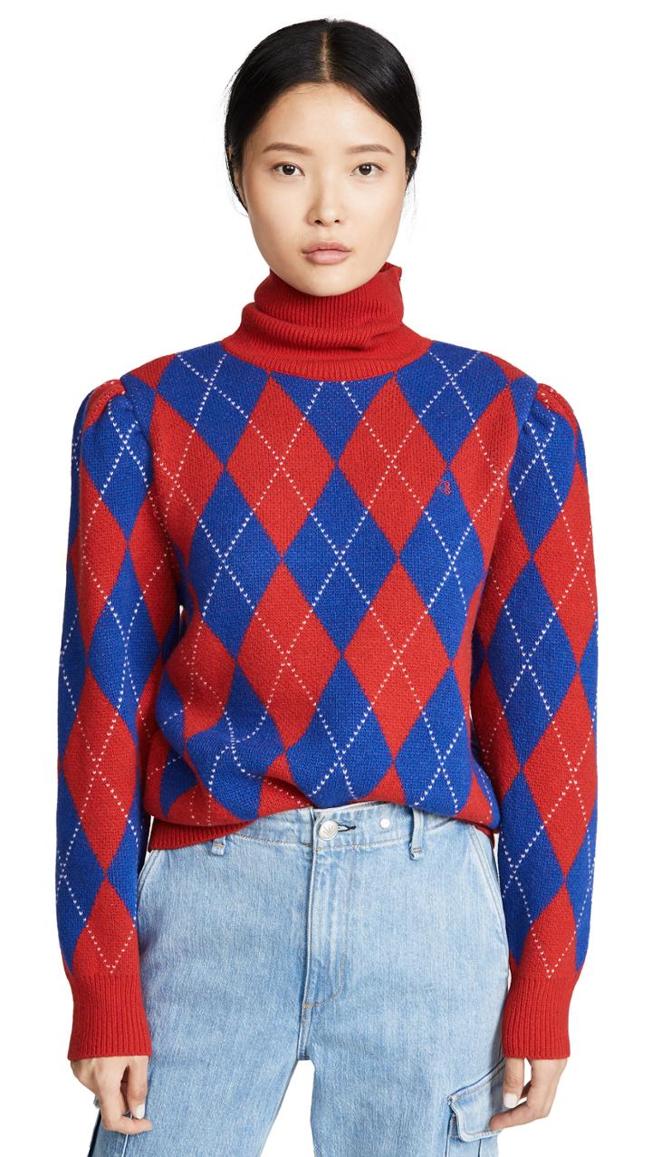Pushbutton Argyle High Neck Knit